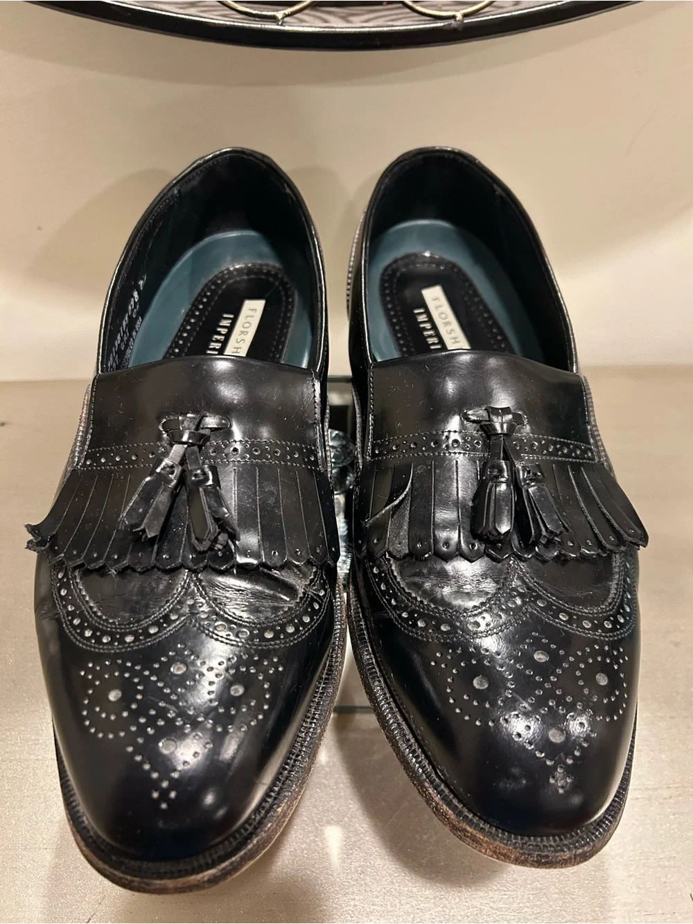 Vintage Florsheim Imperial 11D Black Leather Wingtip Kiltie Tassel Loafers USA